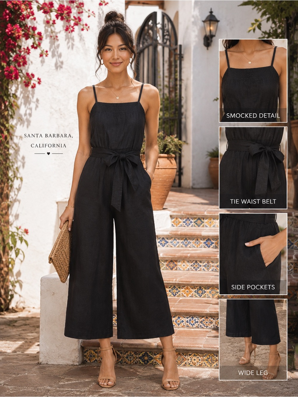 J. Crew Black Smocked Wide-Leg Jumpsuit with Tie Waist